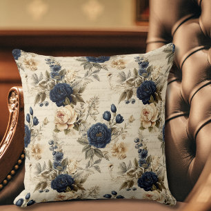 Elegant Blue Cream Ro Blommönster Kudde