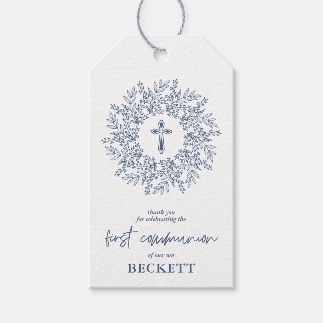 Elegant Blue Cross Boy First Communion Favor Presentetikett (Framsidan)