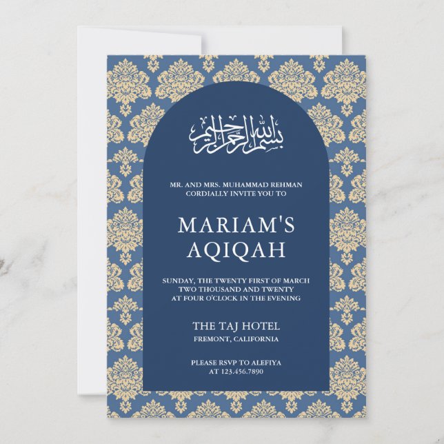 Elegant Blue Damask Arabian Arch Aqiqah Inbjudningar (Framsida)