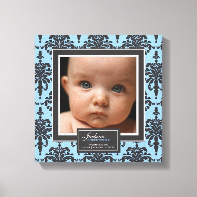 Elegant Blue Damask Baby Photo Birth Decor Canvastryck (Framsida)