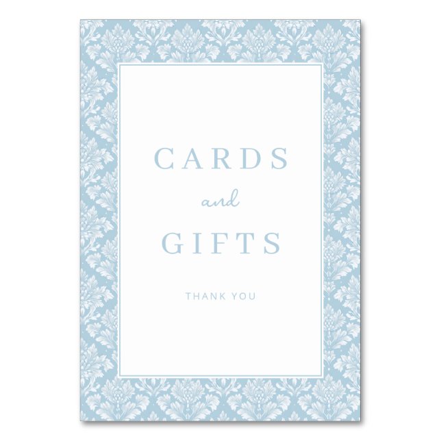 Elegant Blue Damask Gratitude Card Bordsnummer (Framsidan)