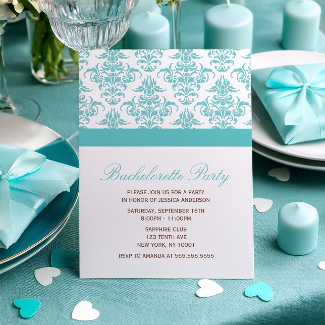 Elegant Blue Damask Pattern Bachelorette Party Inbjudningar (Skapare uppladdad)