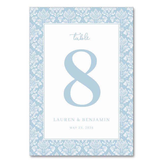 Elegant Blue Damask Table Number Bordsnummer (Framsidan)