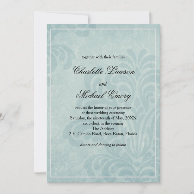 Elegant Blue Damask Wedding Inbjudningar (Framsida)
