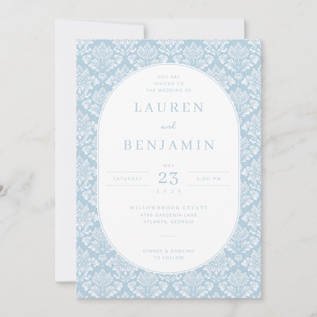Elegant Blue Damask Wedding Invitation Inbjudningar (Framsida)