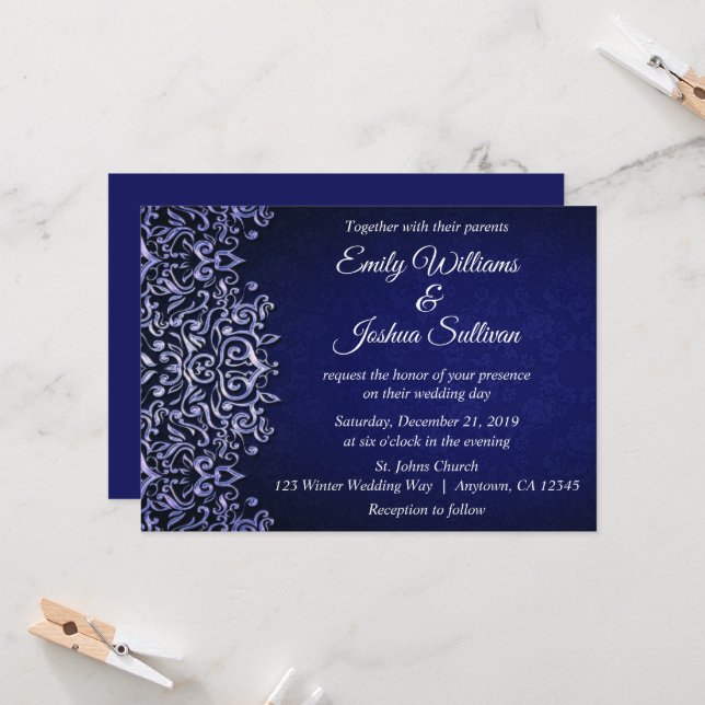Elegant Blue Damask Winter Wedding Inbjudningar (Fram/Back In Situ)