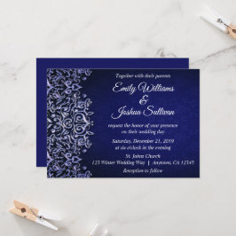 Elegant Blue Damask Winter Wedding Inbjudningar