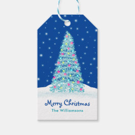 Elegant Blue Decorated Julgran Helgdag Presentetikett