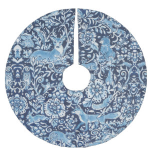 Elegant Blue Delft Woodland Animal Hjort Blommigt Julgransmatta Borstad Polyester