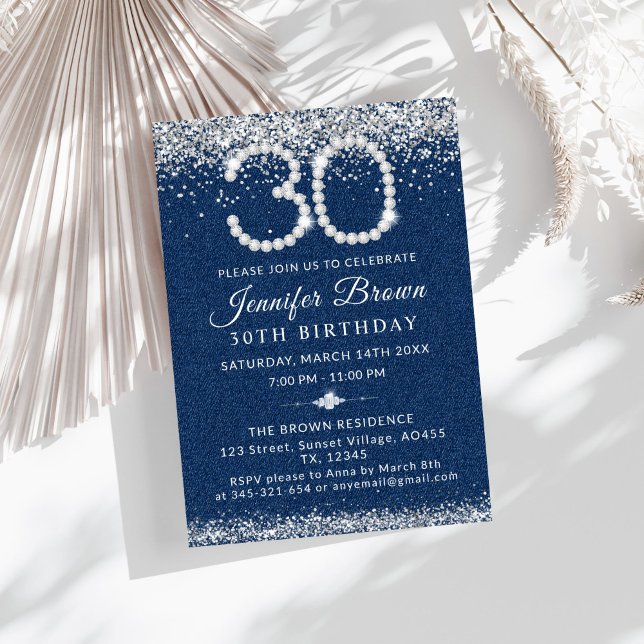 Elegant Blue Denim & Diamonds 30års födelsedag Par Inbjudningar (Diamonds and Denim 30th Birthday Party Invitation)