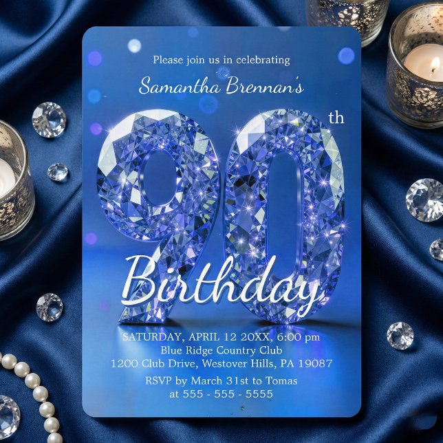 Elegant Blue Diamond Gemstone Glamour 90th Party Inbjudningar (Skapare uppladdad)