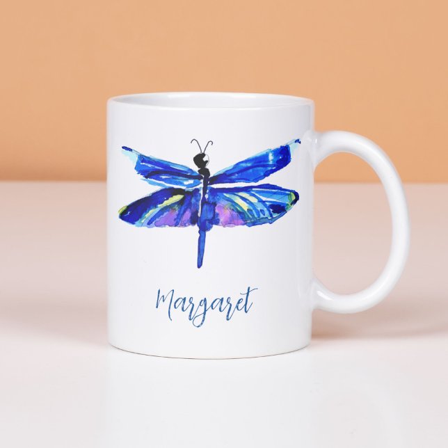 Elegant Blue Dragonfly Hand-Paected Watercolor Kaffemugg (This original art dragonfly has wings richly colored in indigo, teal, magenta and gold.)