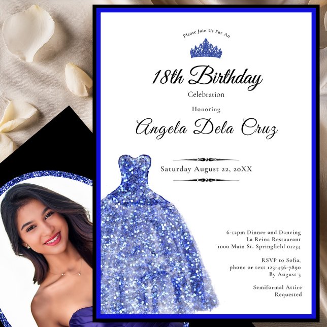 Elegant blue dress 18th birthday debut inbjudningar (Skapare uppladdad)