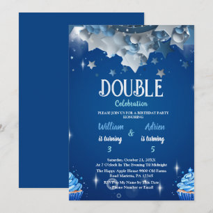 Elegant Blue Dubbla Firande födelsedag Inbjudningar