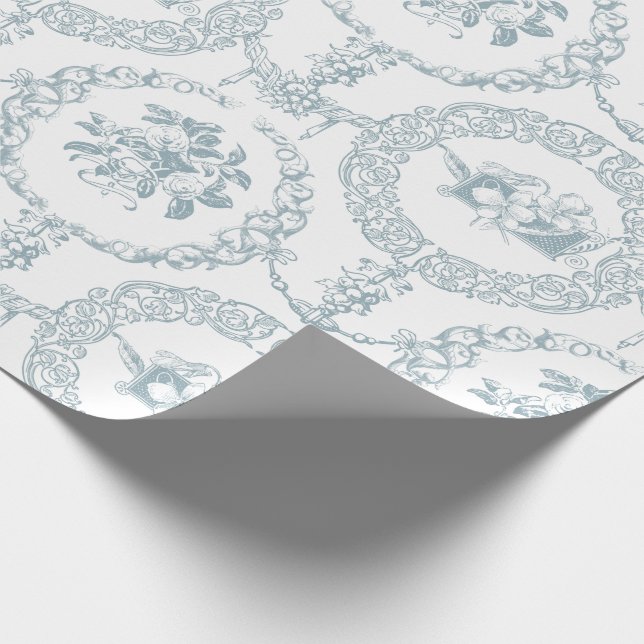 Elegant Blue Engraved Blommigt Medallions and Swag Presentpapper (Hörn)