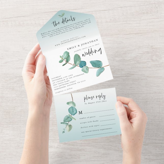 Elegant Blue Eucalyptus Gren Script Bröllop (Tearaway)