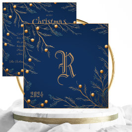 Elegant Blue Family Monogram-julkort Julkort