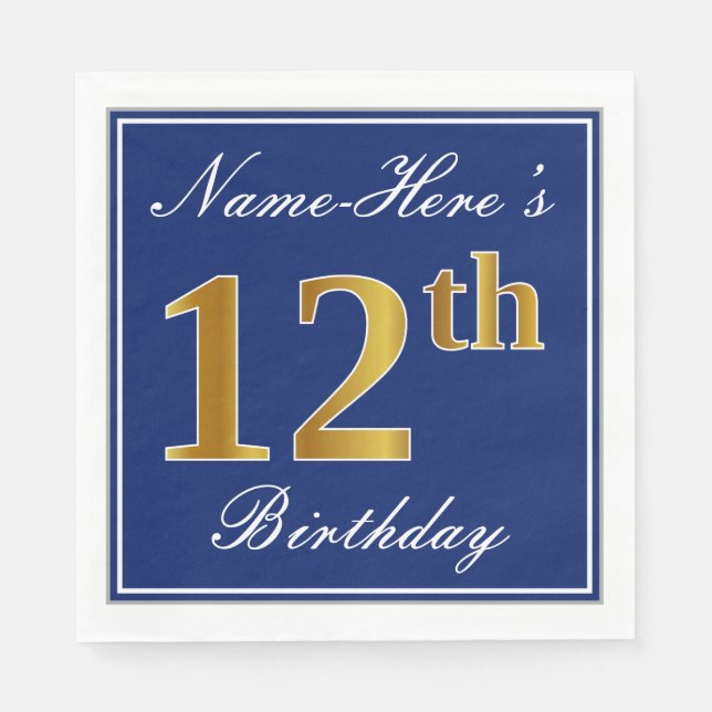 Elegant Blue, Faux Guld 12:e Birthday; Anpassat na Pappersservett (Framsidan)