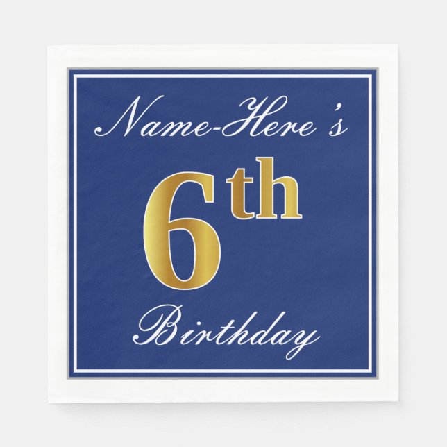 Elegant Blue, Faux Guld 6e Birthday + Anpassat nam Pappersservett (Framsidan)