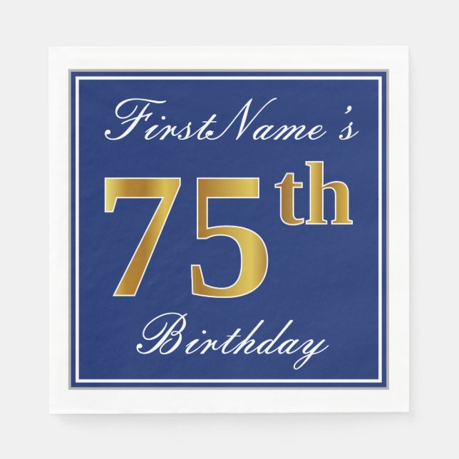 Elegant Blue, Faux Guld 75:e Birthday; Anpassat na Pappersservett (Framsidan)