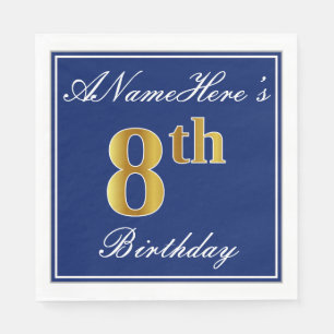 Elegant Blue, Faux Guld 8th Birday + Custom Name Pappersservett