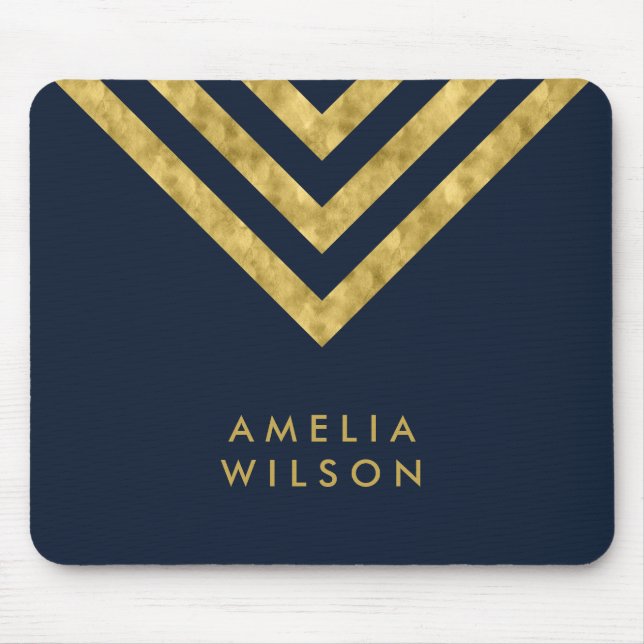 Elegant Blue Faux Guld Namn Chevron Geometric Musmatta (Framsidan)
