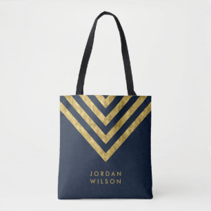 Elegant Blue Faux Guld Namn Chevron Mönster Tygkasse