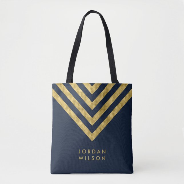Elegant Blue Faux Guld Namn Chevron Mönster Tygkasse (Framsida)