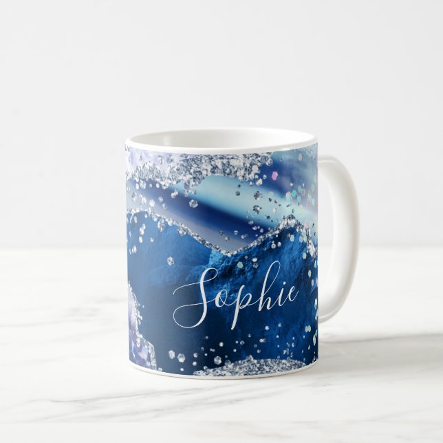 Elegant Blue Faux Holo Glitter Agate Kaffemugg (Framsida höger)