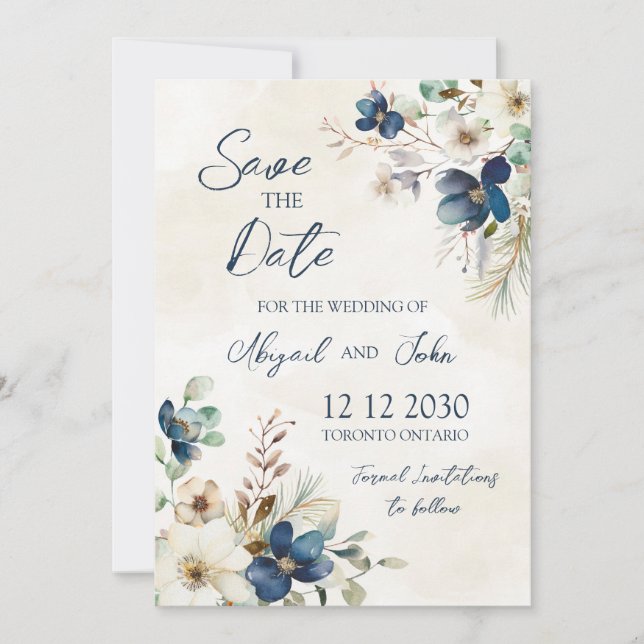 Elegant Blue Flora Winter Save the Date Card Spara Datumet (Framsida)