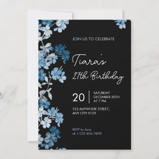 Elegant Blue Floral 27th Birthday Party Invitation Inbjudningar