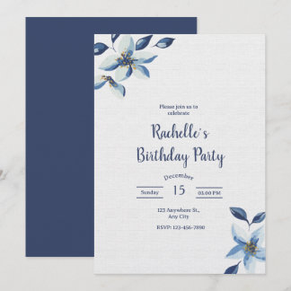 Elegant Blue Floral Birthday Invite, Boho Birthday Inbjudningar