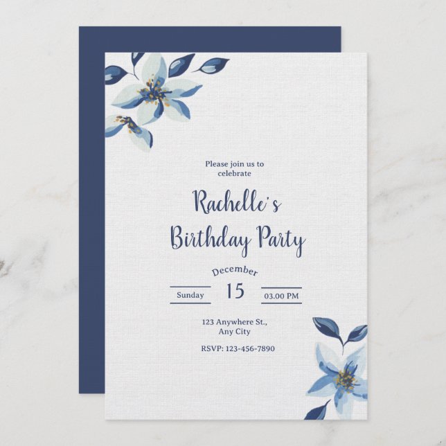 Elegant Blue Floral Birthday Invite, Boho Birthday Inbjudningar (Fram/baksida)