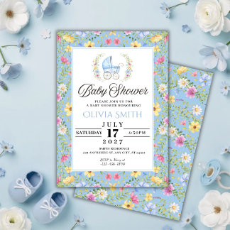 Elegant Blue Floral boy Baby Shower Inbjudningar