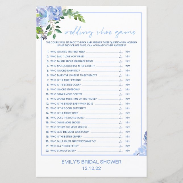 Elegant Blue Floral Bridal Shower Game Printed (Framsida)