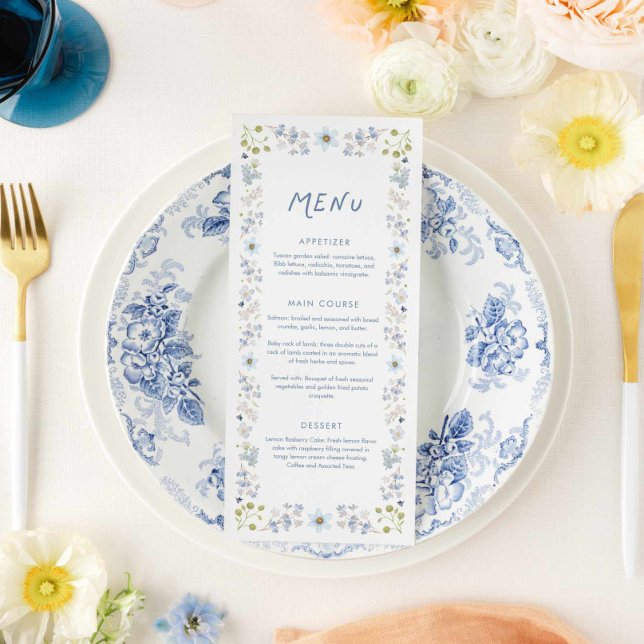 Elegant Blue Floral Bridal Shower Meny (Blue Floral Garden Bridal Shower Menu Card)