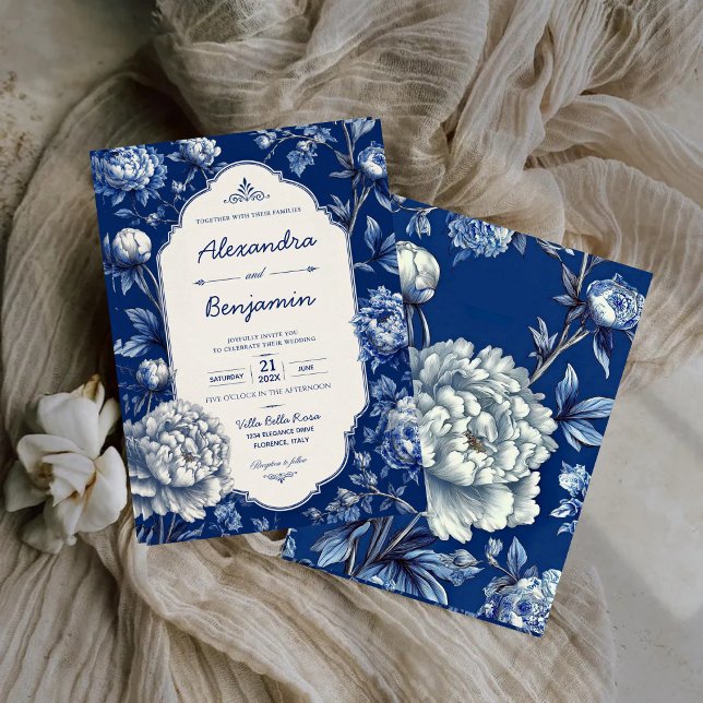 Elegant Blue Floral Classic Chinoiserie Peony  Inbjudningar (Skapare uppladdad)