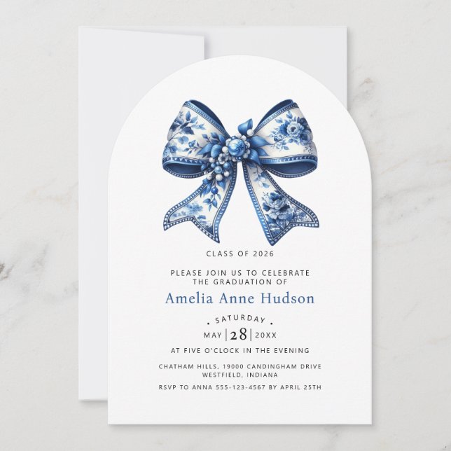 Elegant Blue Floral Coquette Bow Graduation Party Inbjudningar (Framsida)