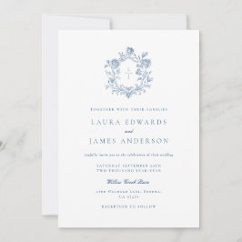 Elegant Blue Floral Crest Striped Back Wedding Inbjudningar