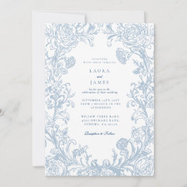 Elegant Blue Floral Crest Striped Back Wedding Inbjudningar