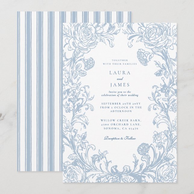 Elegant Blue Floral Crest Striped Back Wedding Inbjudningar (Fram/baksida)