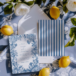 Elegant Blue Floral Crest Striped Back Wedding Inbjudningar