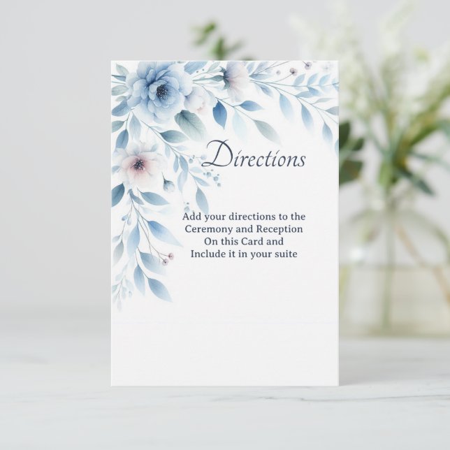 Elegant Blue Floral Directions Enclosure Card Tack Kort (Stående Fram)