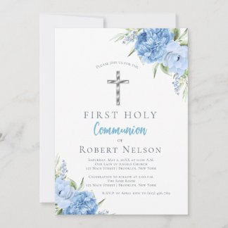 Elegant Blue Floral First Holy Communion Inbjudningar