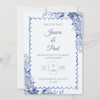 Elegant  Blue Floral Frame Wedding Invitation Inbjudningar
