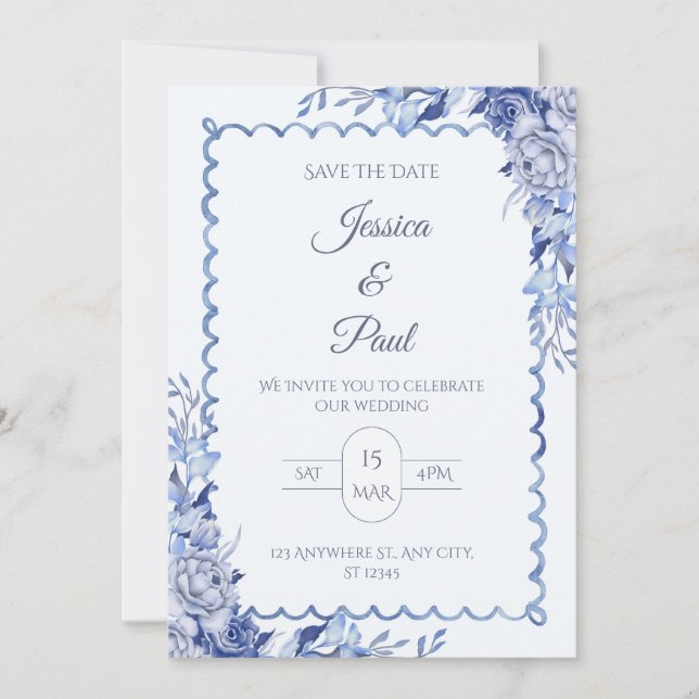 Elegant  Blue Floral Frame Wedding Invitation Inbjudningar (Framsida)