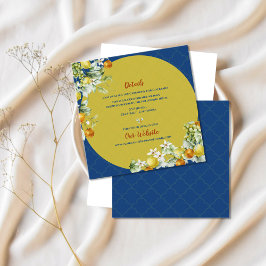 Elegant Blue Floral Gold Citrus Wedding Details Tilläggskort
