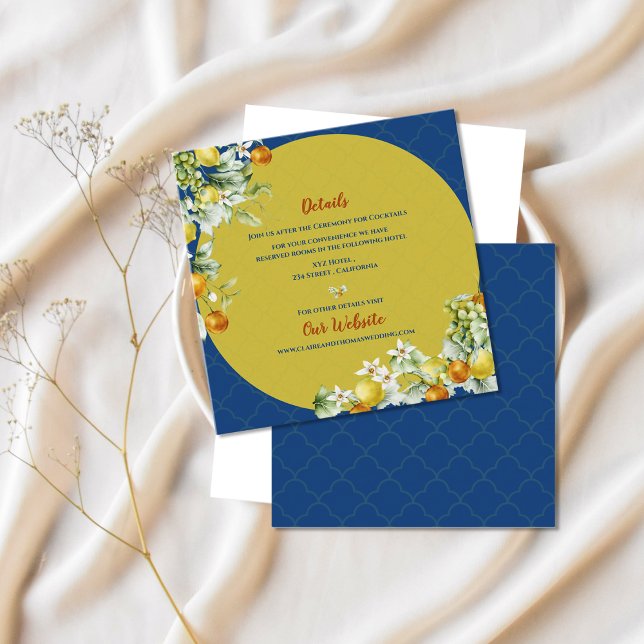 Elegant Blue Floral Gold Citrus Wedding Details Tilläggskort (Elegant Blue Floral Gold Citrus Wedding Details Enclosure Card)