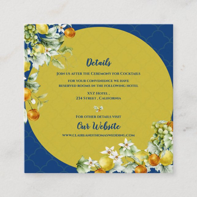Elegant Blue Floral Gold Citrus Wedding Details Tilläggskort (Framsida)
