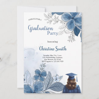 elegant blue floral graduation party invitation inbjudningar